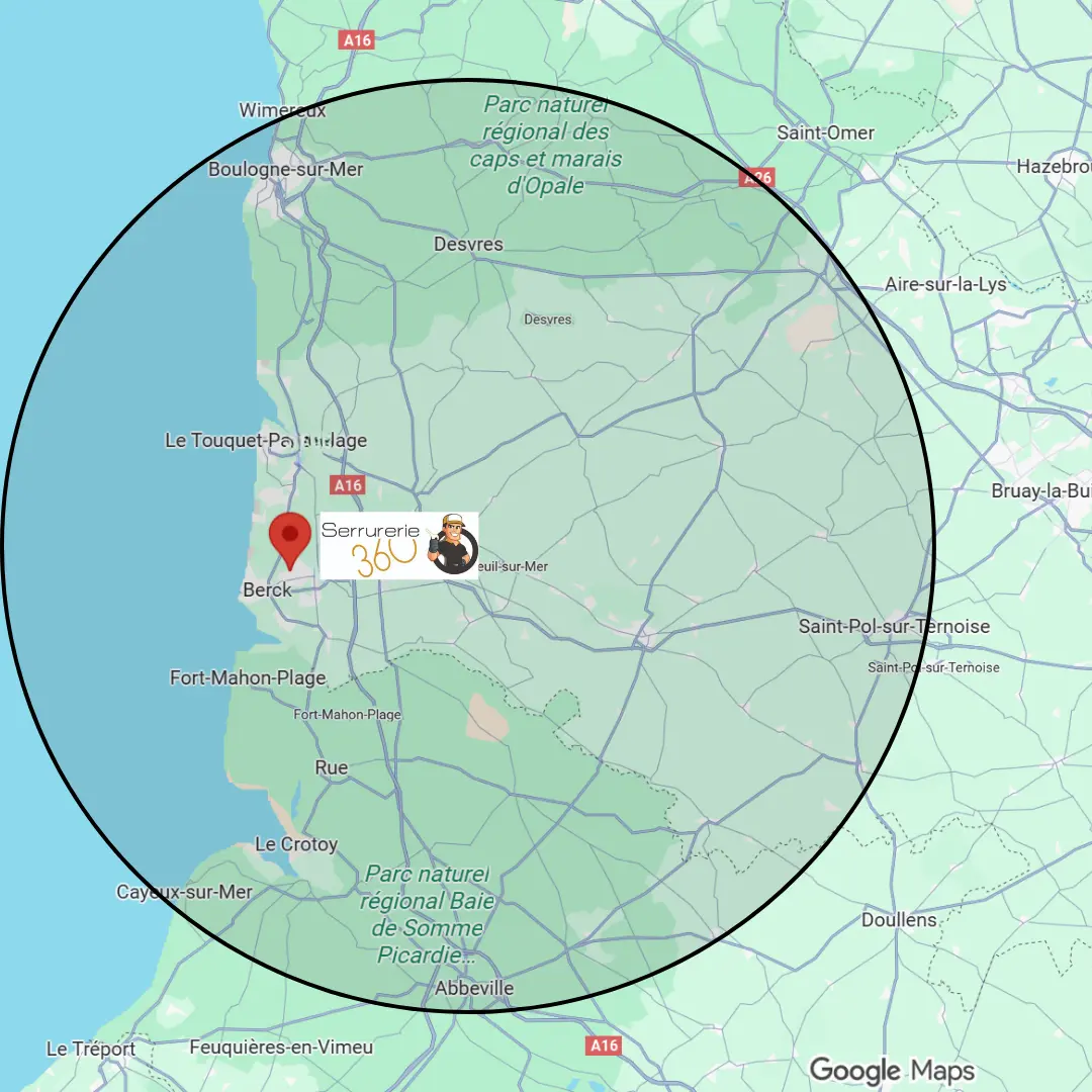 Une carte qui dévoile la zone d'intervention serrurerie 360